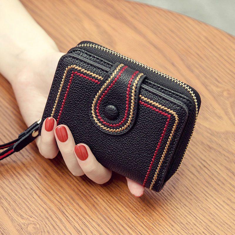 Women's Wallet PU Leather Short Zipper Credit Bank Business Card Holder Buckle Sanded Portable Anti-theft Brush Mini Coin Purse
