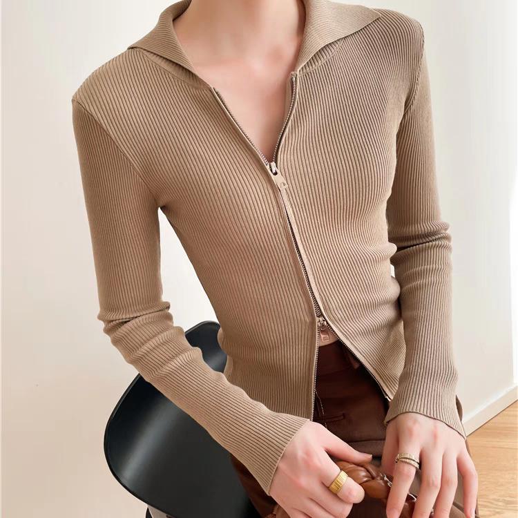 Новый повседневный кардиган Y2K гранж тонкий вязаный свитер кардиган с застежкой-молнией топ с лацканами винтажный высокоэластичный тонкий джемпер Y2K одежда C-243 M верблюд 3770₽