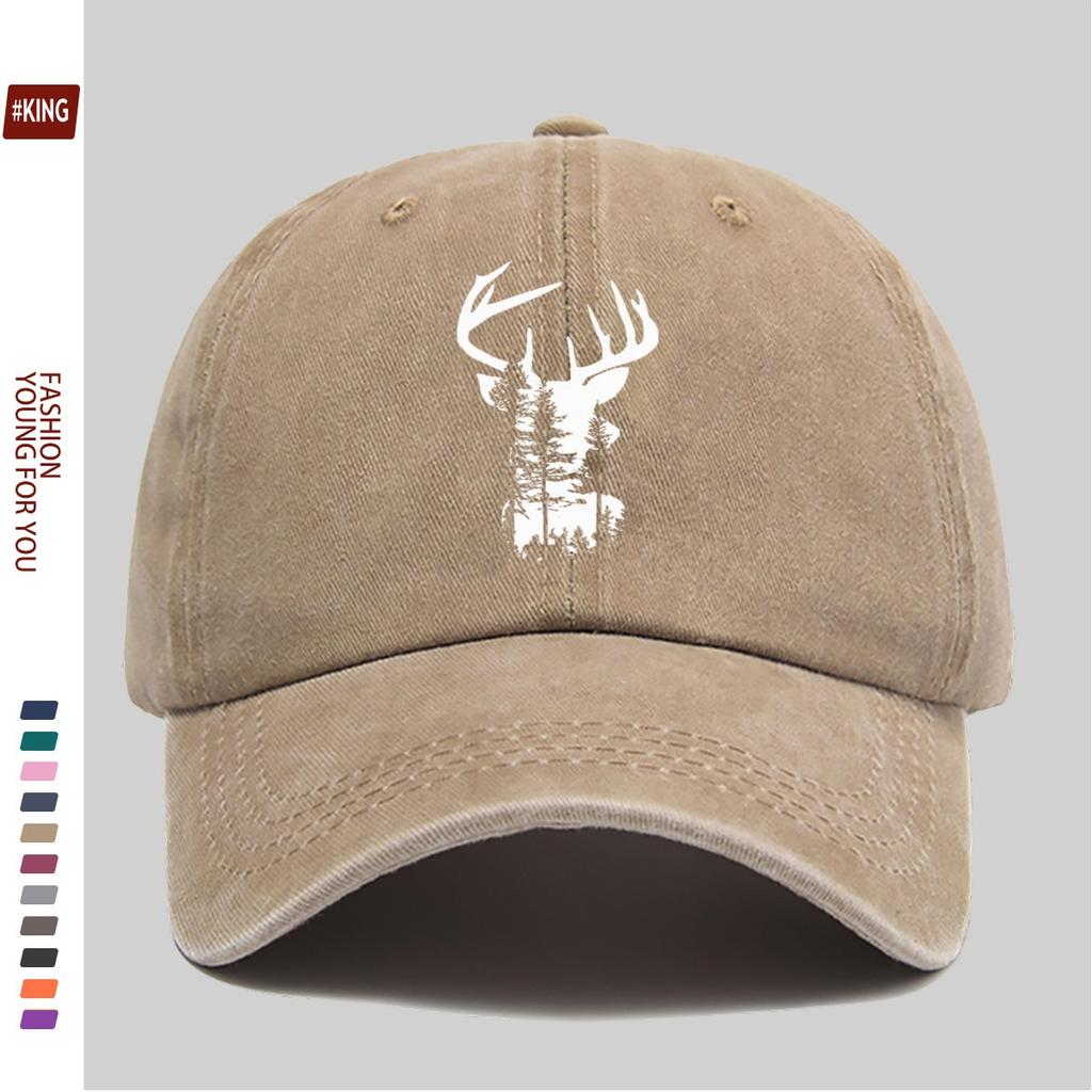 Deer Head Forest Graphic Washed Baseball Cap Vintage Outdoor Adjustable Cotton Trucker Hat
