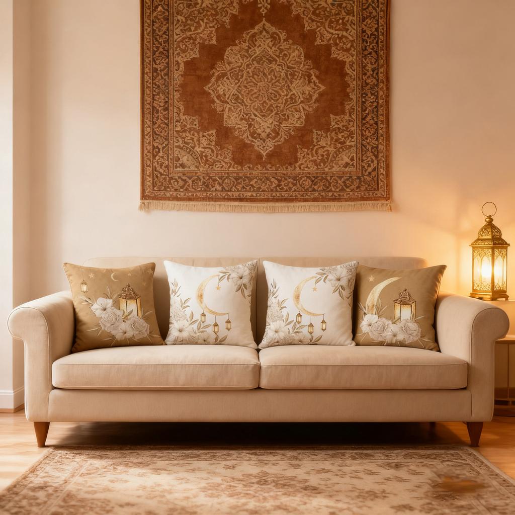 Ramadan Oil Lamp Printed Moon Pillowcase Festive Decoration Home Cushion Linen Breathable Sofa Cushion