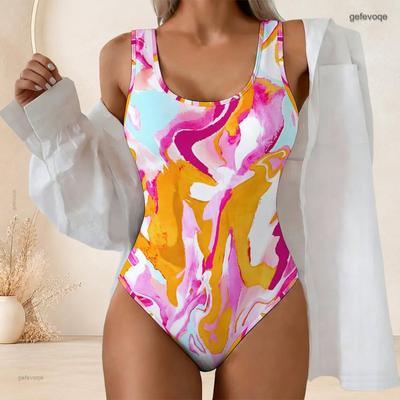 Women Plus Size Pink Yellow Blue Printed Scoop Neck Wide Straps High Cut One Piece Swimsuit