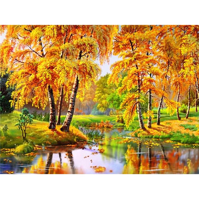 Pictură cu diamant 5D DIY, peisaj, copac de toamnă, broderie cu diamante, peisaj, imagine cu strasuri