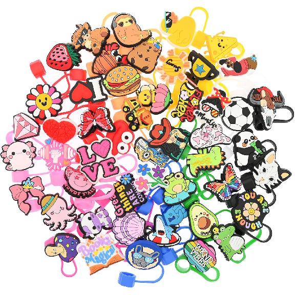 Straw Toppers for Stanley Cup 50PCS Random Different Straw Covers Cap for Tumbler Bulk Cute Funny Stanley Cup Accessories fit 0.4in/10mm and 30&40 Oz