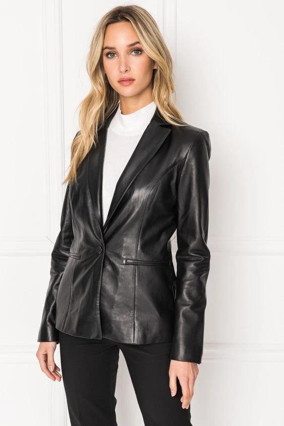 

Real Lambskin Stylish Black Formal Leather Handmade Party Wear Blazer Designer Women S