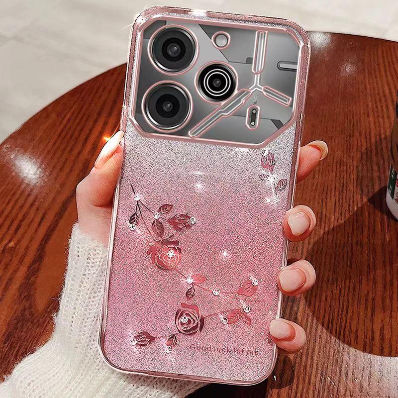 

Чехол для телефона Tecno Pova 6 5G/Pova 6 Pro 5G, вспышка розовый цветок прозрачный противоударный роскошный сияющий защитный чехол с бриллиантами Tecno Pova 6 Pro 5G розовый