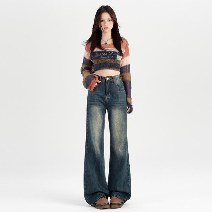 Women s High-Waisted American Retro Blue Wide-Leg Jeans Small