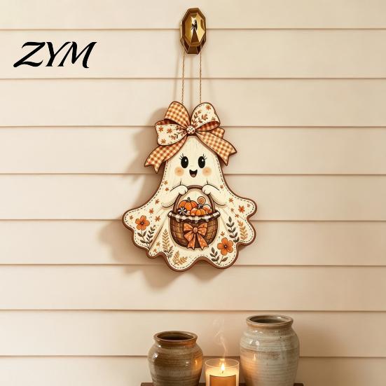 Decorative Wood Hanging Plaque Cute Bow Ghost Sign, Rustic Retro Floral Door Sign with Pumpkin Farmhouse Front Basket, Vintage Halloween Wooden