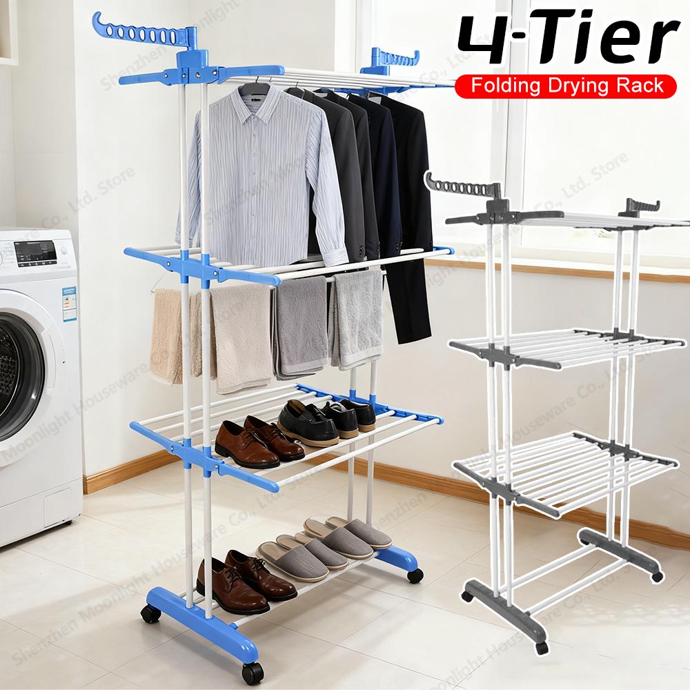 4 Tier Folding Drying Rack Clothing Clothes Horses Rack W/ 4 Drying Poles and Two Side Wings Stainless Steel Laundry Drying Rack