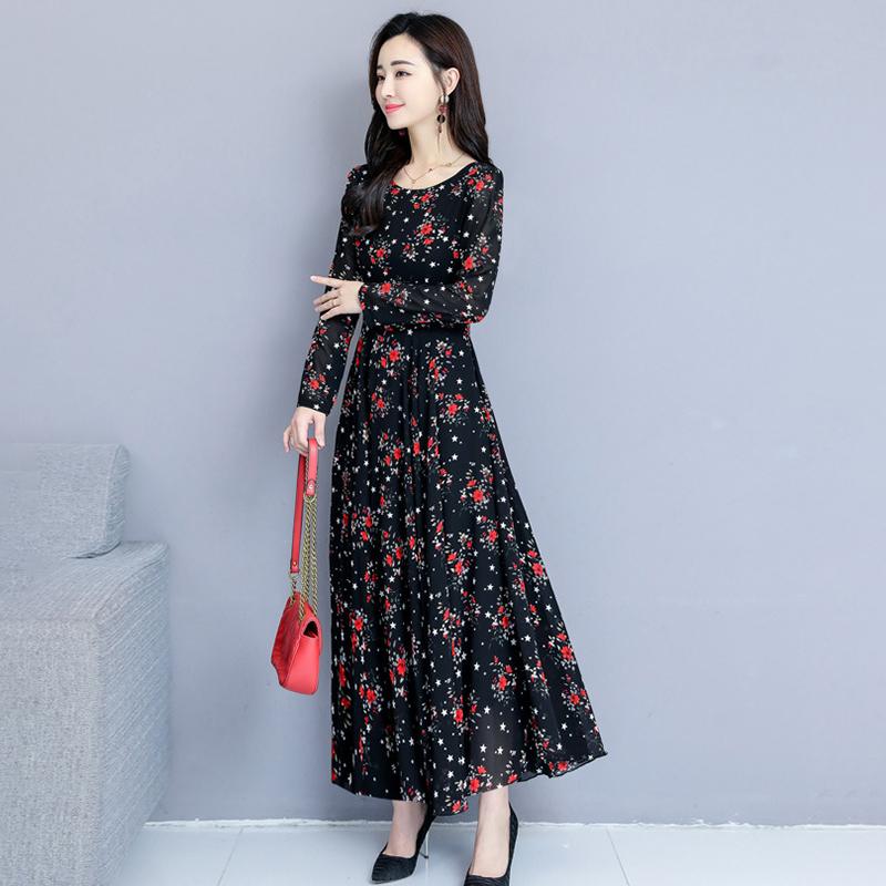 Rochie evazată florală elegantă Rochie de plajă cu mânecă lungă cu gât rotund Fustă A-Line imprimată