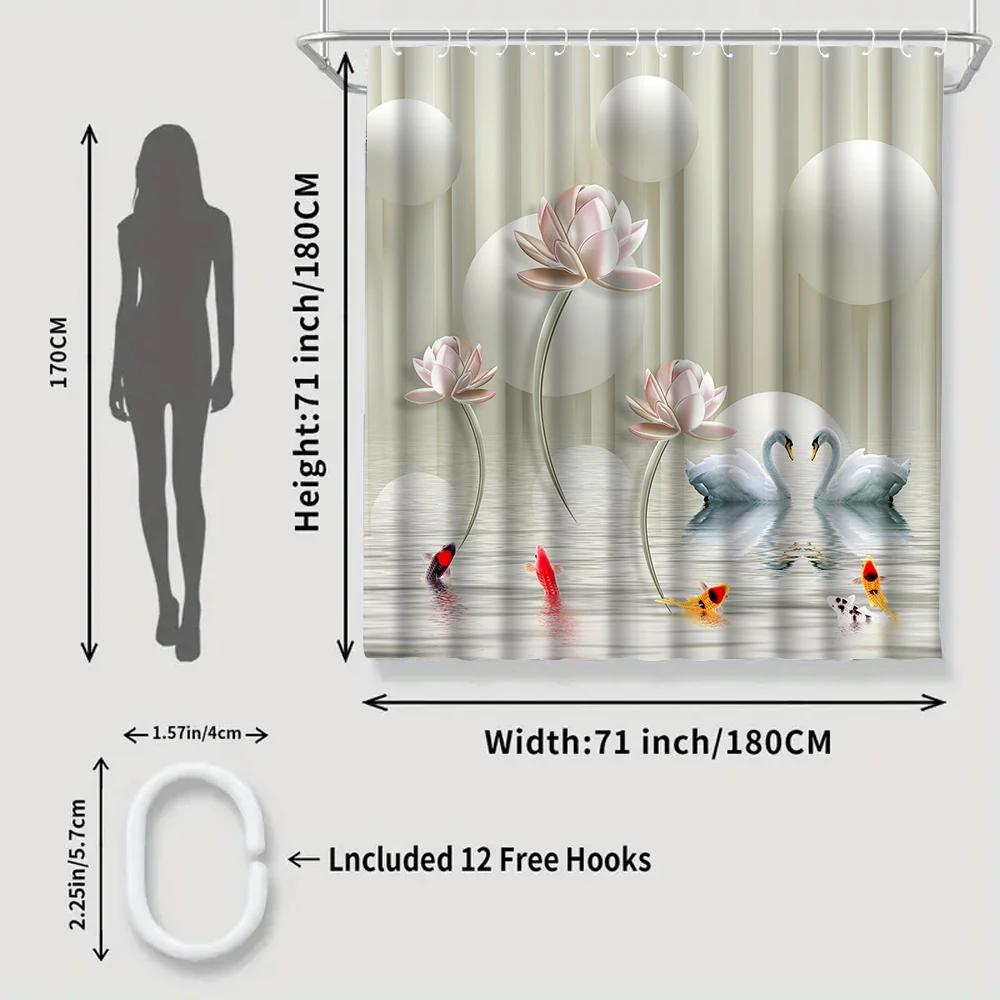 1/4 Flowers Swan Curtains, Toilet Seat Decoration, Shower Curtain with Carpet and Toilet Lid, 12 70.8x70.8 inch Hooks
