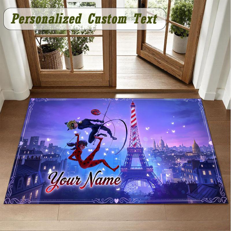 Crystal Velvet Square Rug Custom NameMiraculous Ladybug Pattern Non Slip Home Floor Decor Rug