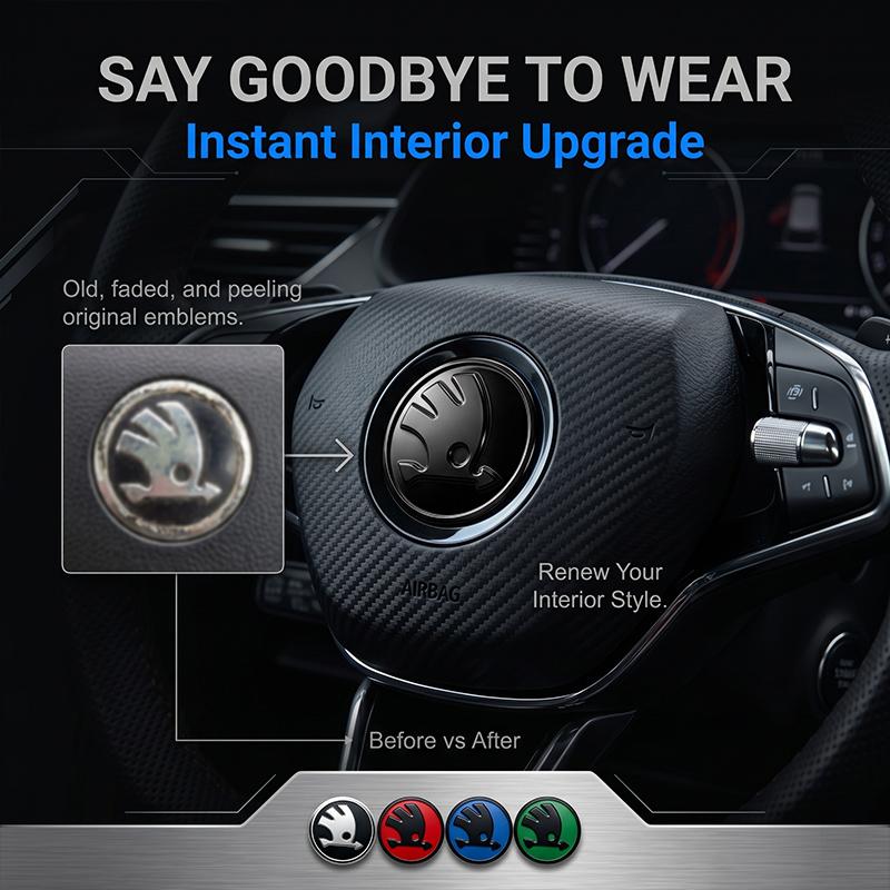 1Pcs 43mm Car Steering Wheel Emblem Sticker Skoda Logo Auto Interior Decal Badge For Skoda Octavia Superb Rapid Kamiq Karoq Kodiaq