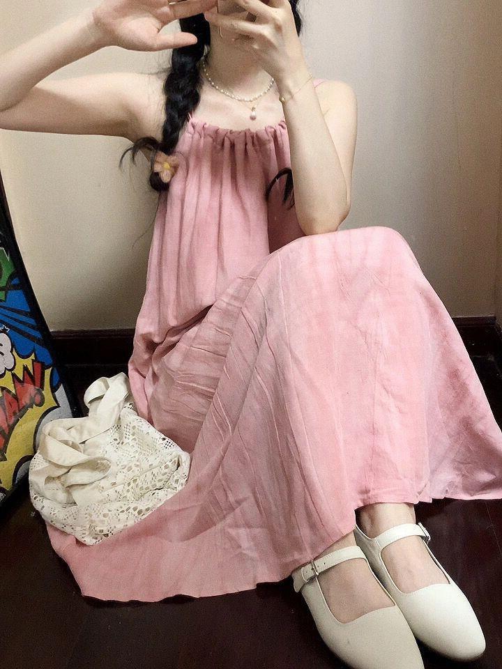 

Pink suspender long dress women s summer new seaside vacation beach dress neck design niche skirt 2XL рожевий