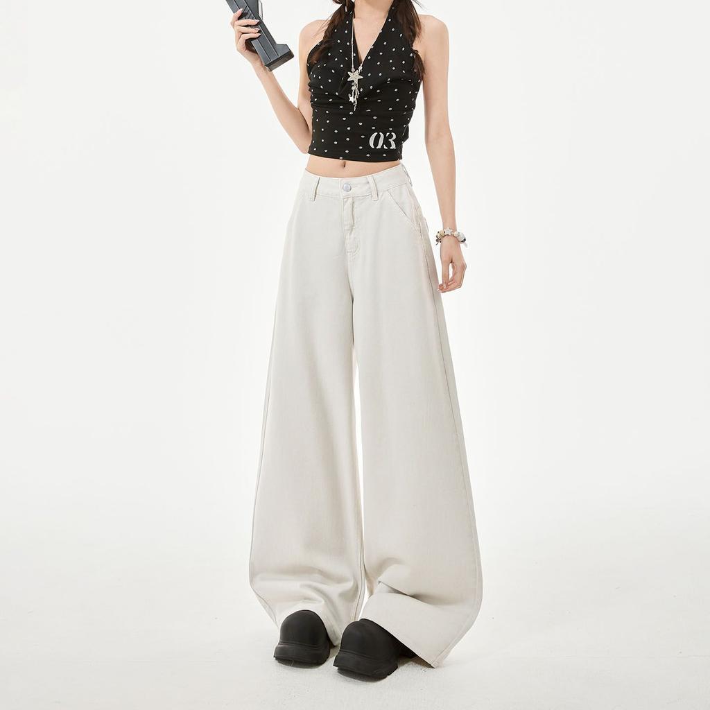 Spring Summer Pure Cotton Breathable Drape Relaxed Wide Leg Casual Denim Pants For Women Casual Pants Oversize Denim Trousers