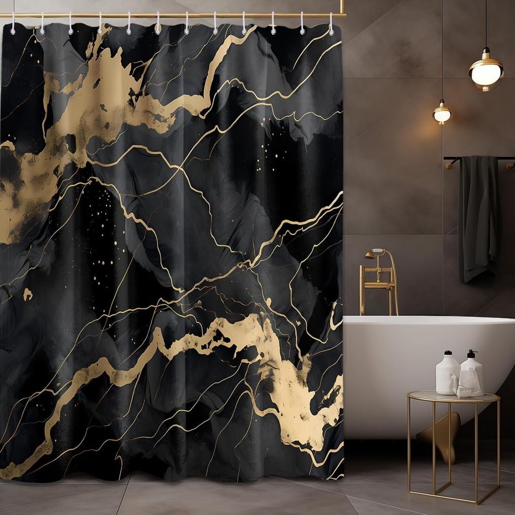 Marble Black and Gold Shower Curtain, Modren Abstract Shower Curtains for Bathroom Decor Crack Mens Bath Curtain Set, Waterproof