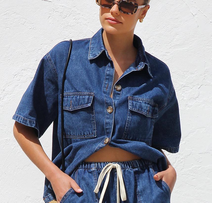 2025 Retro Lässiges Denim Kurzarmhemd & Shorts Set - Damen Frühling/Sommer
