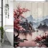 Japanese Cherry Blossom Asian Anime Chinese Style Mountains and Lakes Scenery Shower Curtain, Bathroom Decorative Shower Curtain