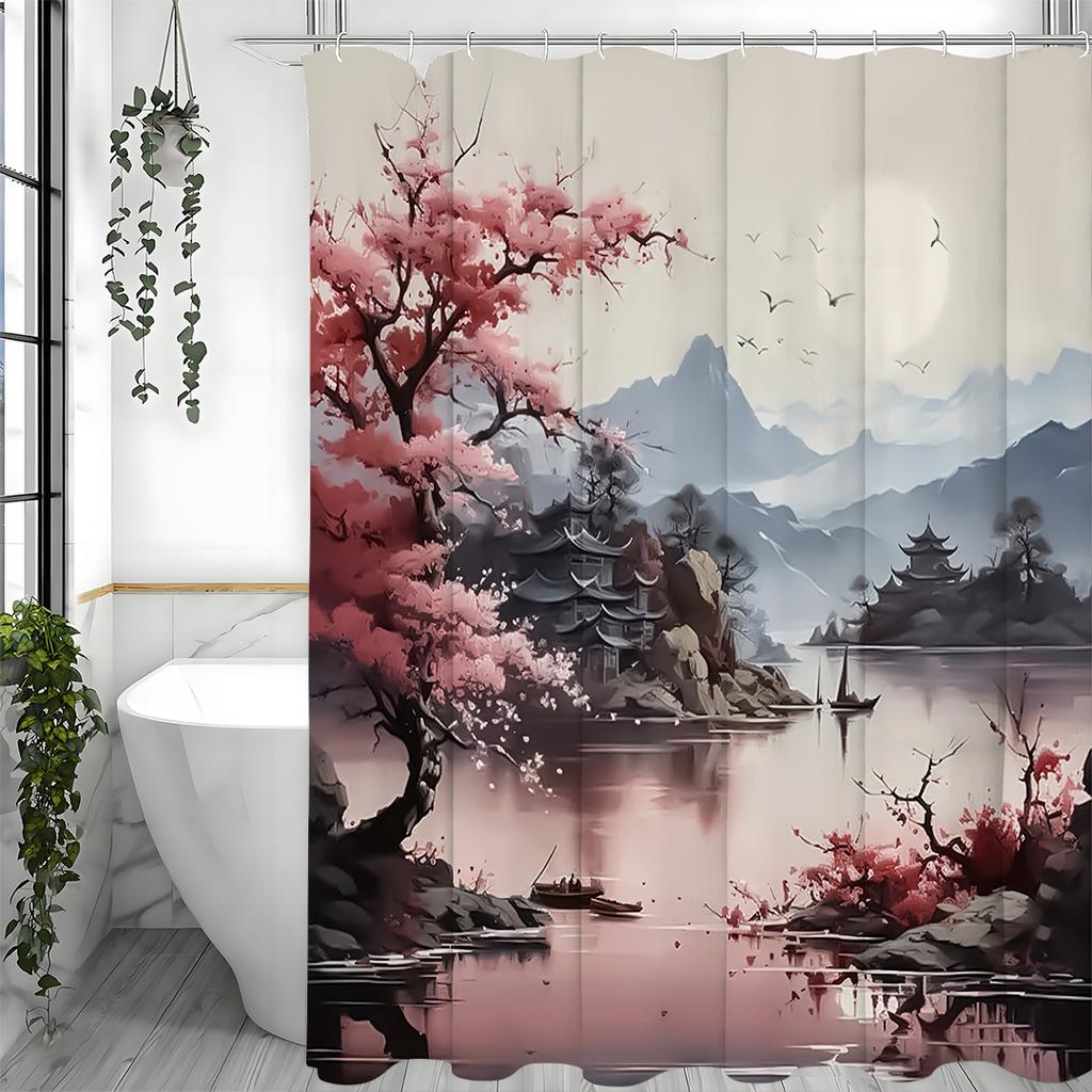Japanese Cherry Blossom Asian Anime Chinese Style Mountains and Lakes Scenery Shower Curtain, Bathroom Decorative Shower Curtain