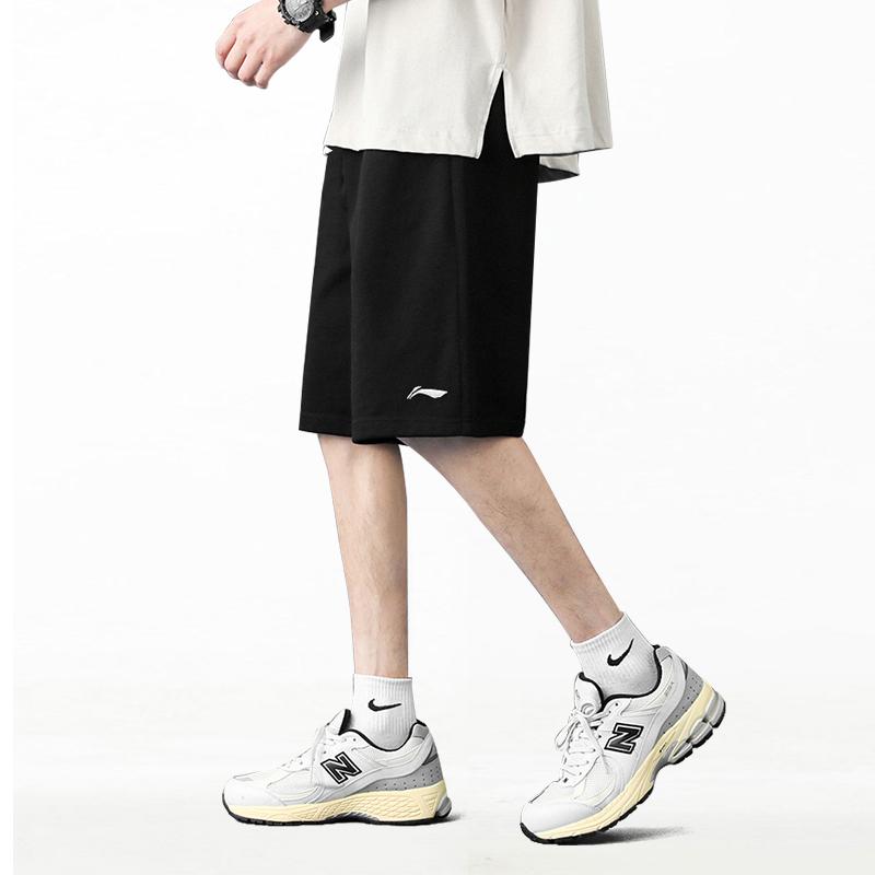 Li-Ning Embroidered Logo Knit Solid Loose-Fit Five-Point Sports Shorts Men shorts Black AKST453-1