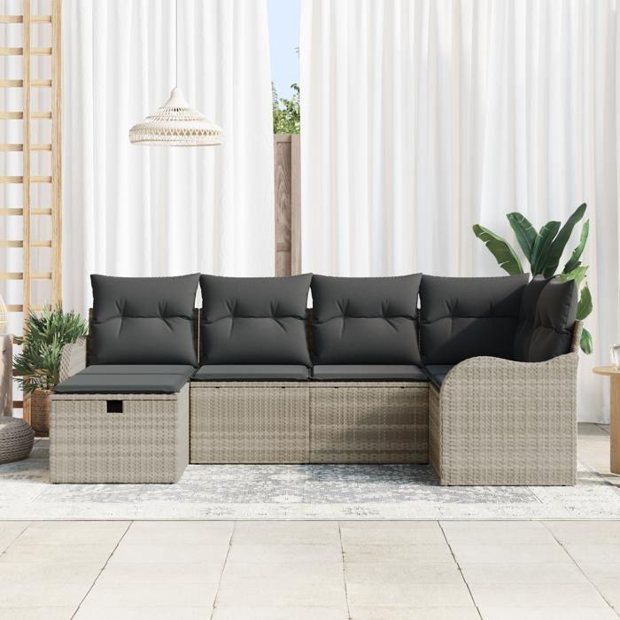 Ensemble de canapé de jardin 6 pièces avec coussins gris clair en poly rotin, Canapé de jardin 2 places avec coussins gris 3358981