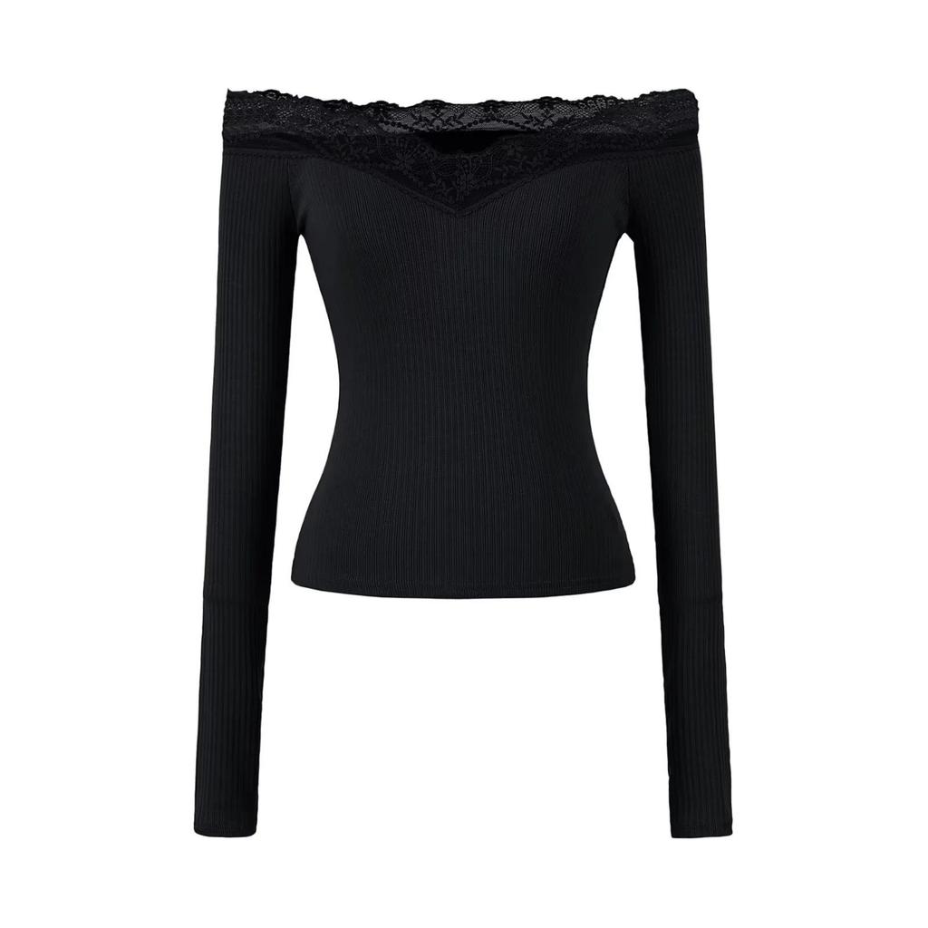 Elegant Lace One-Shoulder Long-Sleeve Women's T-shirt - 2026 Slim Fit, Classy & Off-the-Shoulder Style