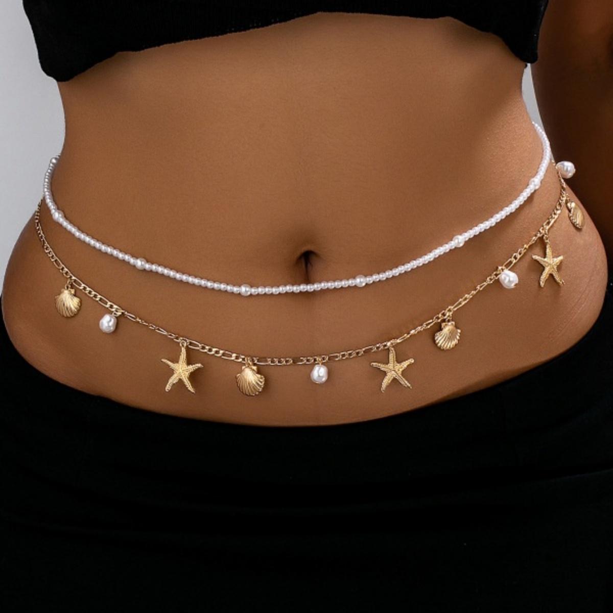 

Bohemian Starfish Shell Imitation Pearl Beads Tassel Waist Chain For Women Men Double Layer Rice Beads Belly Chain Body Jewelry