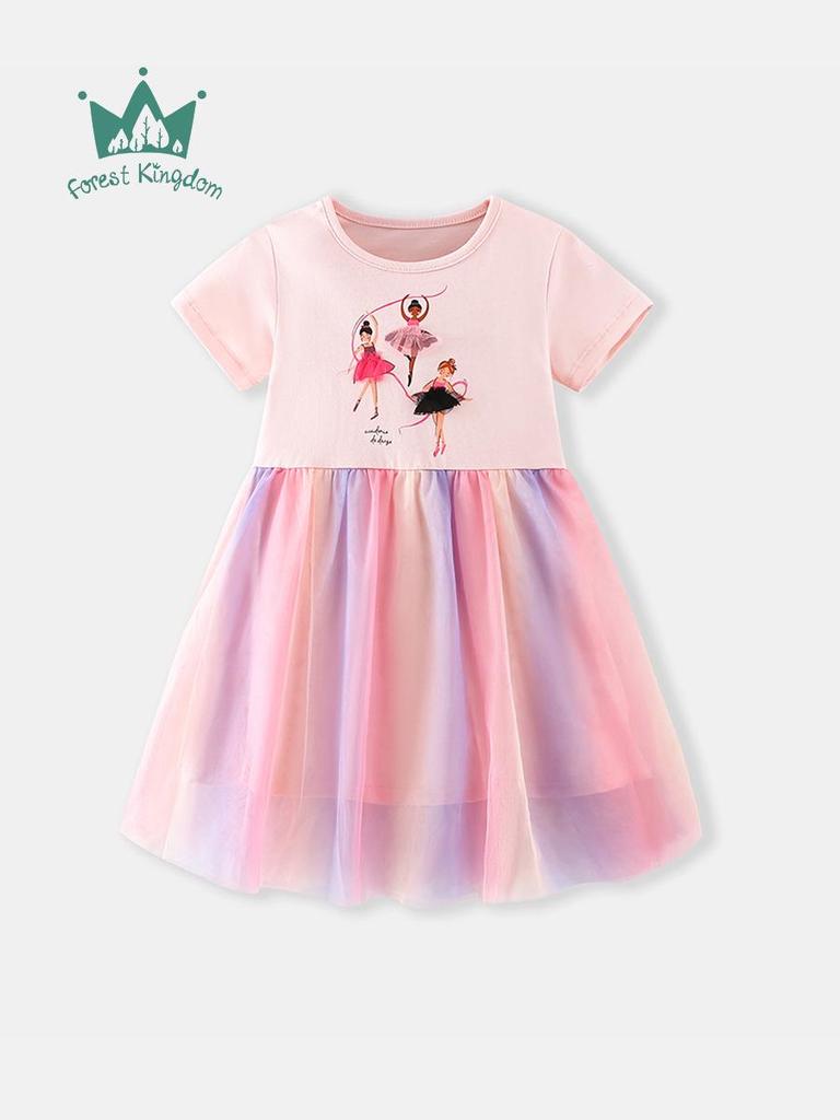 26-year Spring/Summer Kids' Rainbow Mesh Dress - Sweet Print, Round Neck, Short Sleeve, In Stock