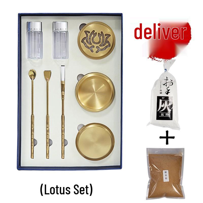 Brass Incense Ceremony Set: Seal Tools, Ash Press, Incense Powder, Burner, Shovel, Spoon, Stamp.