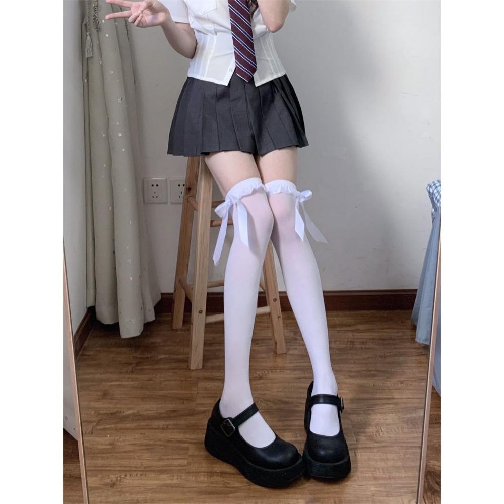 Lace Bow Over Knee Sweet Girl Pure Desire Wind Xiaohongshu Satin Lace Tall Socks Butterfly Ribbon