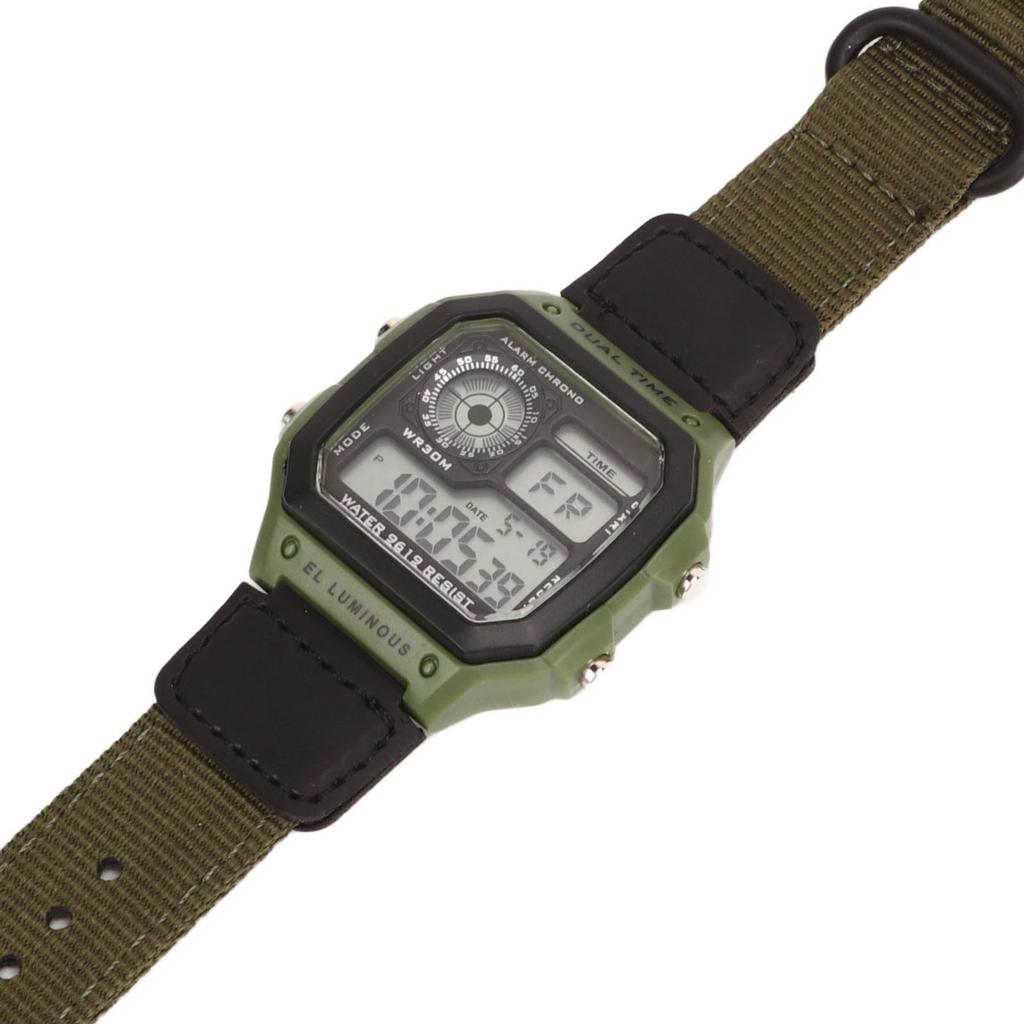 Digital Sport Watch Canvas Strap Luminous Waterproof Retro Sport Watch for Outdoor Sports Green