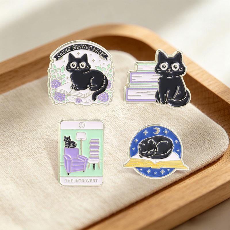 I Read Banned Books Enamel Pins The Introvert Tarot Cards Floral Books Black Cat Book Lover Brooches Lapel Badge Jewelry Gifts