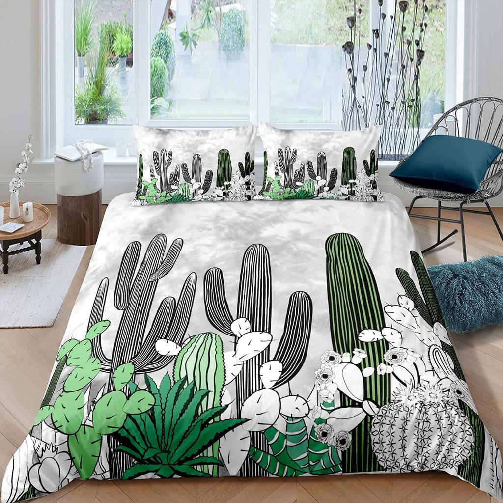Cactus Duvet Cover Set King Size Hand Painted Style Bedding Set Nature Art Prints Comforter Cover Green Plant Cactus Quilt Cover