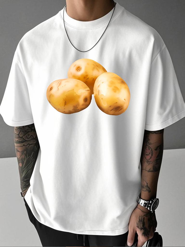 Unisex Summer White Short Sleeve Tee Realistic Three Potatoes Vegetable Graphic Crew Neck Loose Casual Male Daily Street Tops