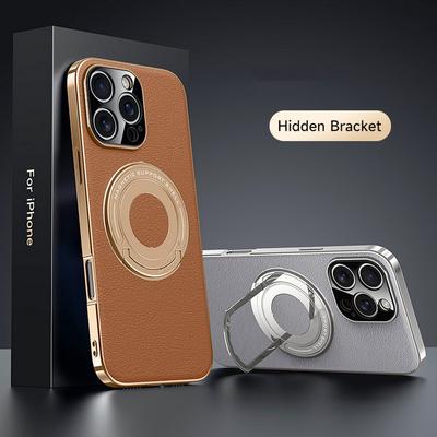 Metal Strong Magnetic Suction Holder Ring Leather Phone Case For iPhone 16 Pro Max 15 Pro 14 13 Pro Max Hard Protect Cover