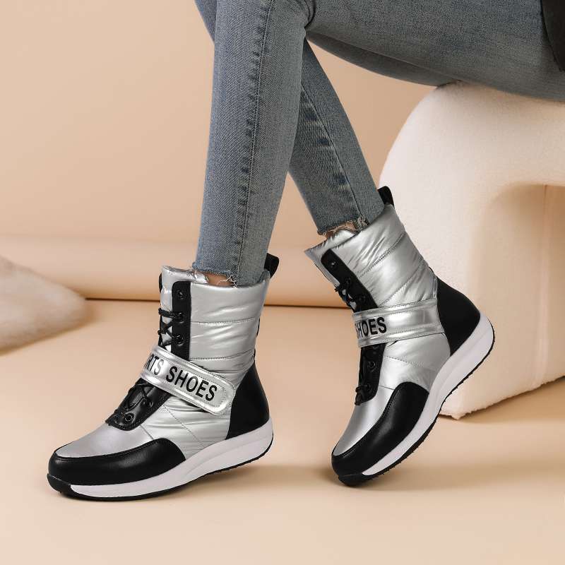 Krazing Pot Microfiber Down Boots Winter Shoes Med Heels Size 44 Wedges Super Size Snow Boots Hook Loop Mixed Color Keep Warm Mid-calf Boots