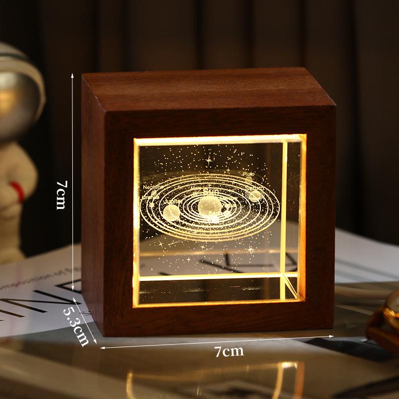 3D Galaxy Crystal Cube Night Light with Wooden Base - Illuminated Desktop Ornament, Perfect Birthday Gift