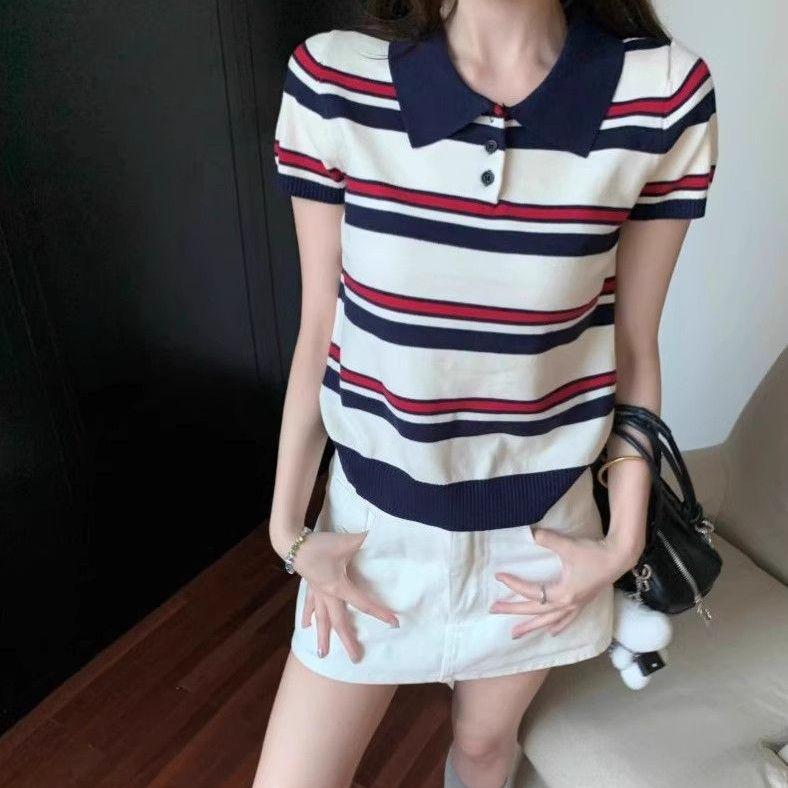 Retro Color-blocking Striped Short-sleeved T-shirt for Women's Summer Off-the-shoulder Lapel Knitted Sweater Top