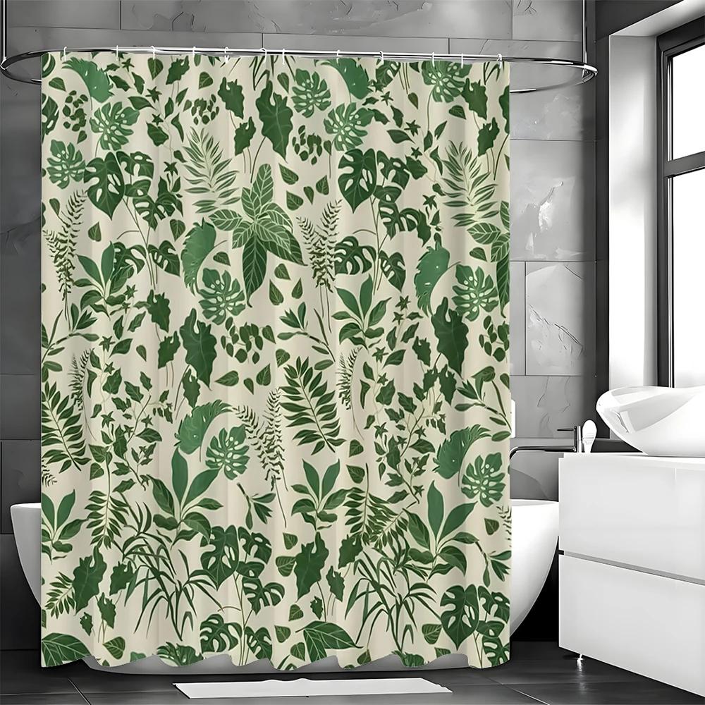 Green Leaf Shower Curtain, Bathroom Decorative Shower Curtain, Waterproof Shower Curtain with Hooks