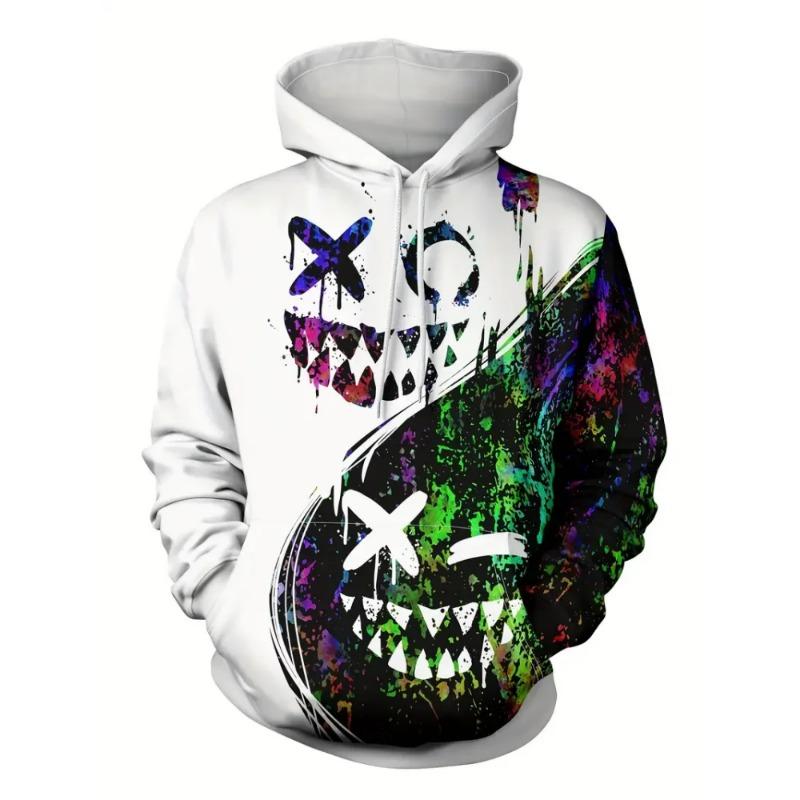 Men's Hoodie Print Black White Split Smiley Face Graffiti Hooded Sweatshirt Oversized Streetwear Pullover for Men Women