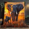 Elephant Family African Safari Sunset Fleece Blanket Wildlife Animal Art Soft Plush Throw For Nature Lovers Home Decor Gift