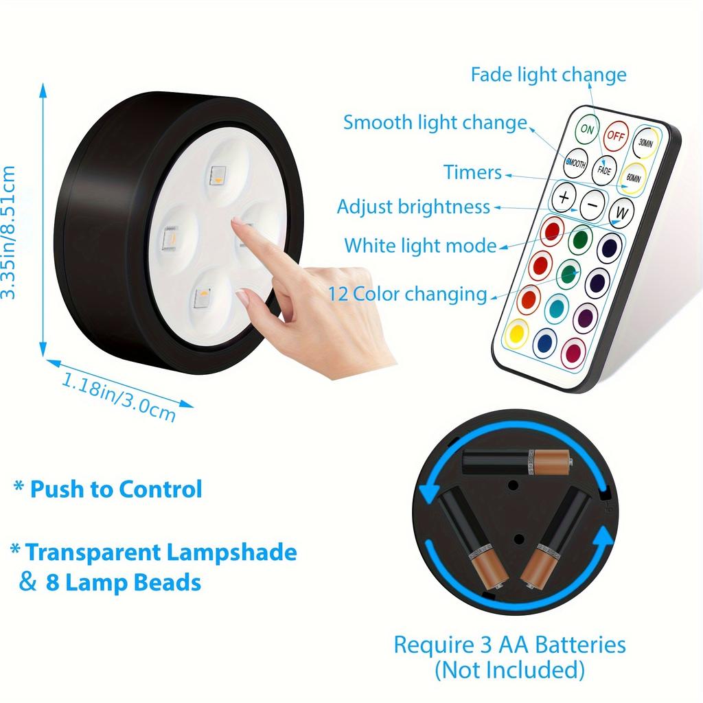 Modern RGB LED Wall Sconce Battery Operated No Wire Puck Lights with Remote Timer Dimmable Art Picture Light for Cabinet 3/6pcs
