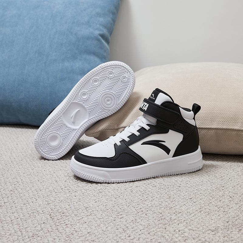 Anta Kids Synthetic Leather Fashion Versatile Lightweight Shock Absorbing High Top Kids Skate Shoes Men Skate Shoes Black White A12438004-5