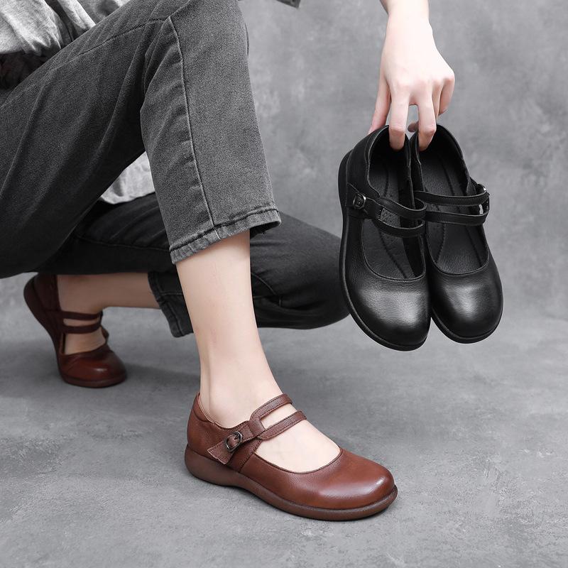 Fashion GKTINOO Leather Shoes Women Mary Janes Genuine Leather Women's Shoes Round Toe Belt Buckle Ladies Casual Flats Large Size
