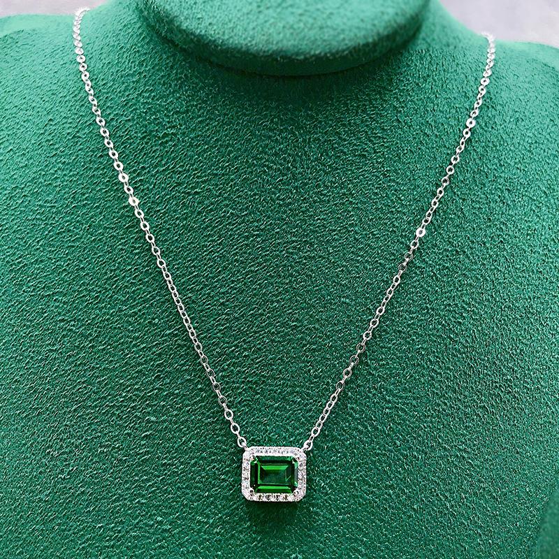 SpringLady 100% 925 Sterling Silver 6*8mm Synthetic Emerald Pendant Necklace For Women Sparkling Wedding Fine Jewelry Gift
