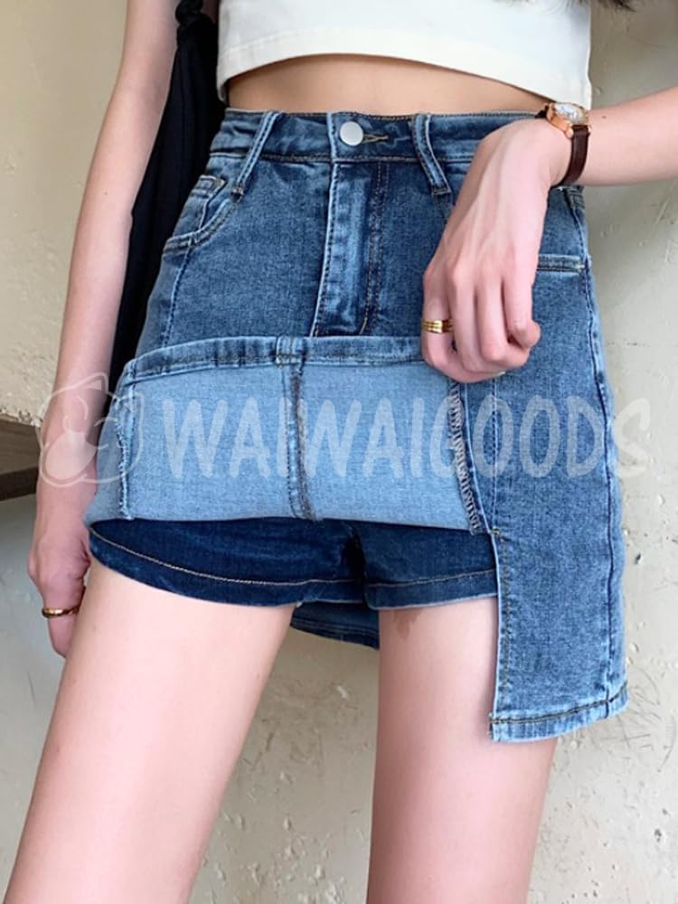 Denim Mini Skirt with Inner Simple Casual [Waiwai Goods] Built-in Lining, A-line, Style, Women's (XL, Blue)