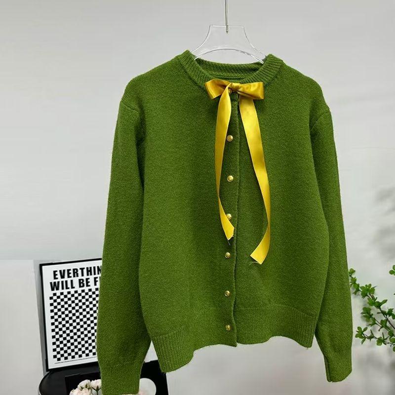 

Fashion Style New Arrival Knitting Cardigan round Neck Single-Breasted Sweater Outwear Cardigan Knitted Sweater Green (with a golden ribbon) One size