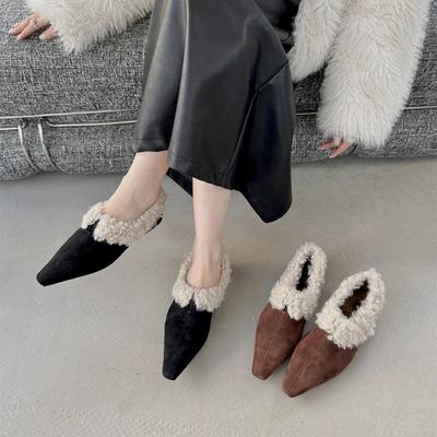 Fleece warme Wildleder spitze flache Baumwollschuhe, dünne flache Absätze, modische flauschige Schuhe, Oberbekleidung