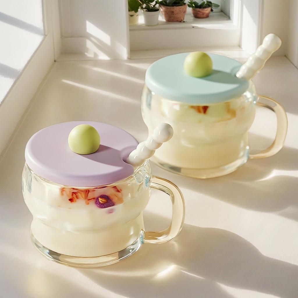 Breakfast Cup with Lid Spoon Milk Cup Handle Oat Cup Transparent Cup Glass Milk Yogurt Cup for Kitchen Bowl Portable Cereal Jar