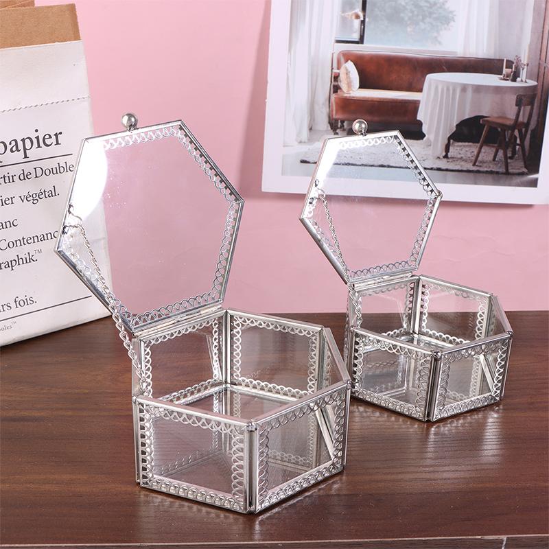Hexagon Transparent Glass Storage Box Jewelry Ring Earring Beads Coins Display Case Keepsake Organizer Tabletop Container