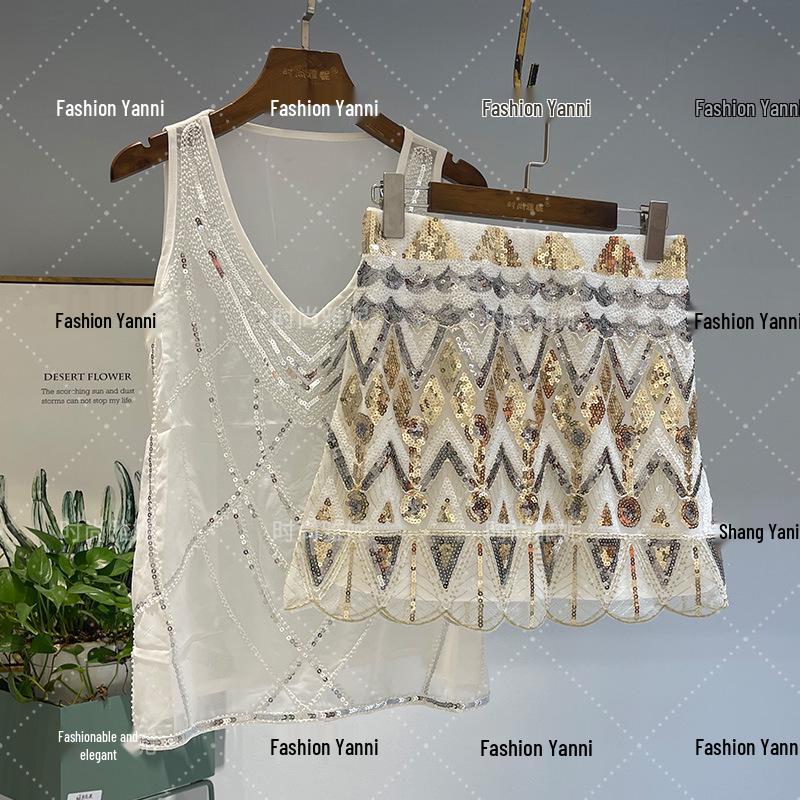 Fashion Yanni Luxury Beaded Sequin Hip-Hugging Skirt & Slimming Vest Top Set